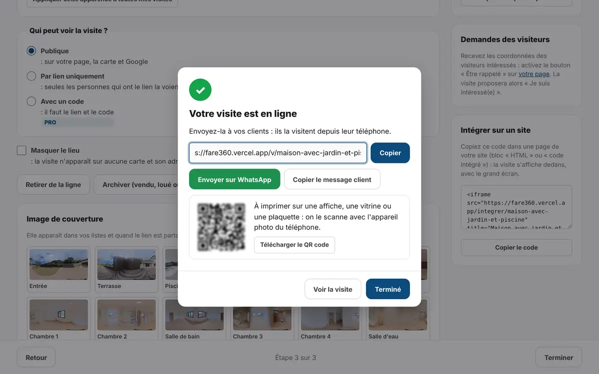 La fenêtre « Votre visite est en ligne » : lien à copier, WhatsApp et QR code